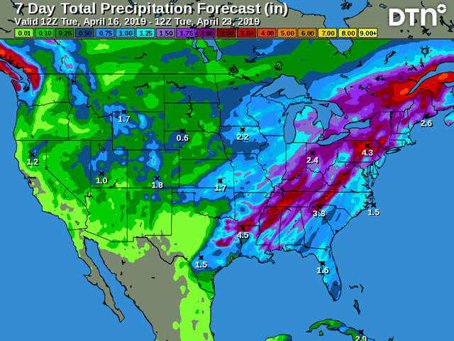 Much of the Midwest has moderate-to-heavy rainfall forecast over the next seven days, going into the latter third of April. (DTN graphic)